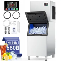 Commercial Ice Maker Machine, 680 lb/24H with 560 lb Storage ETL Approval Industrial Ice Machine, 210 Ice Cubes in 5-15min, Self-Cleaning Stainless Steel Ice Maker for Business Bar
