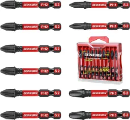 Impact Tough 2 in. (PH1/PH2/PH3) Screwdriver Bits Set, 10 Pack Magnetic S2 Steel Phillips Power Driver Bits with Storage M-Box