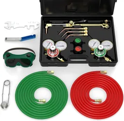 Oxy Acetylene Torch Kit with CGA-510 and CGA-540 Regulators Cuts Up to 1-1/2 Inch, welds up to 3/8 in., organized storage, 14.8 ft. twin hose